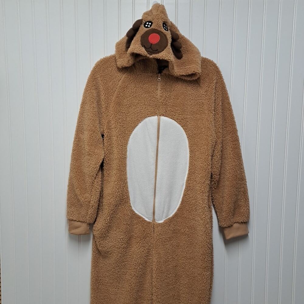 Rudolph Reindeer Costume Adult S Brown Furry Hooded Bodysuit One Piece Halloween